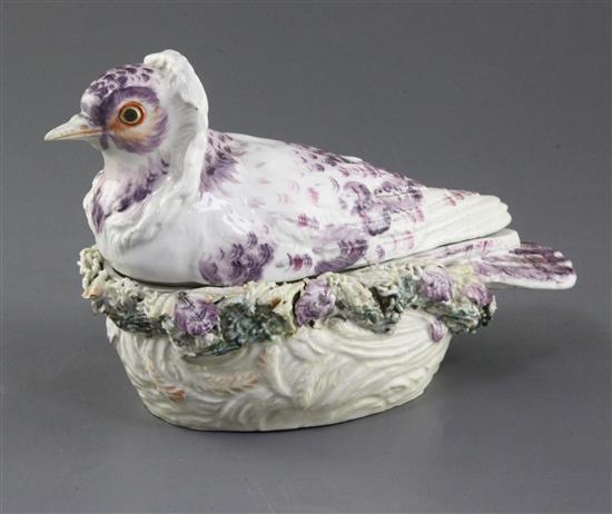 A Derby Jacobin pigeon tureen and cover, c.1760, length 22cm, restoration to tail